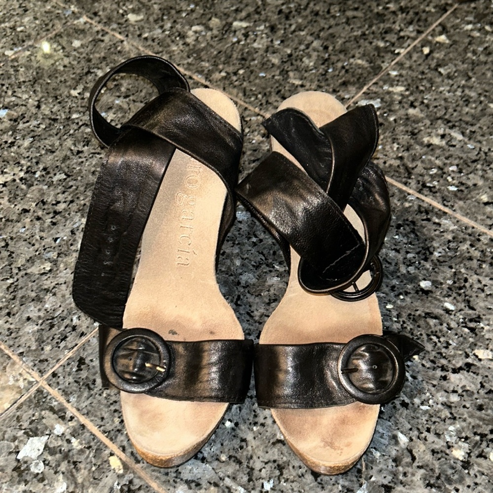 Pedro Garcia black leather open toe, ankle strap heel sandals